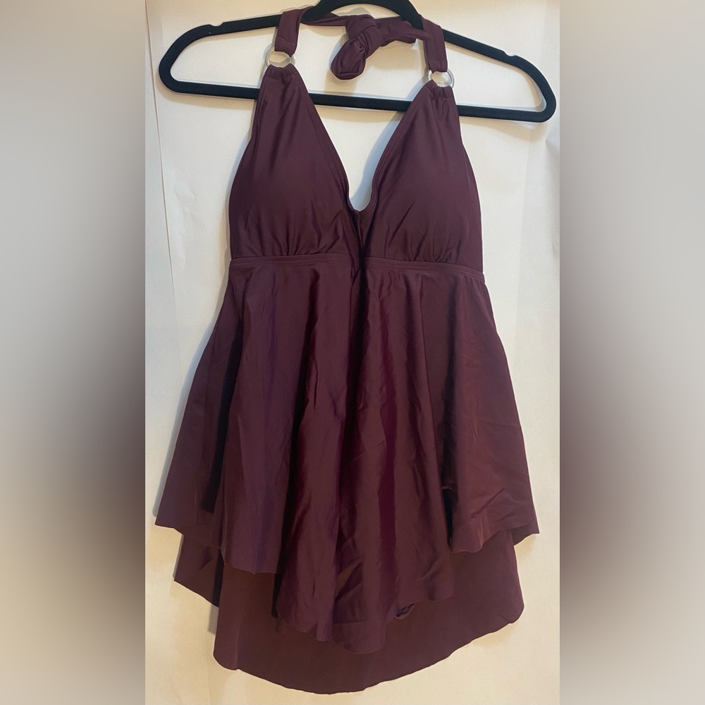 Sea & Sand Beachwear Burgundy Tummy Control Halter‎ Swim Dress 1808MZ-13 Size 8